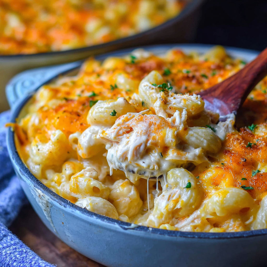 A bowl of macaroni and cheese with a wooden spoon in it.