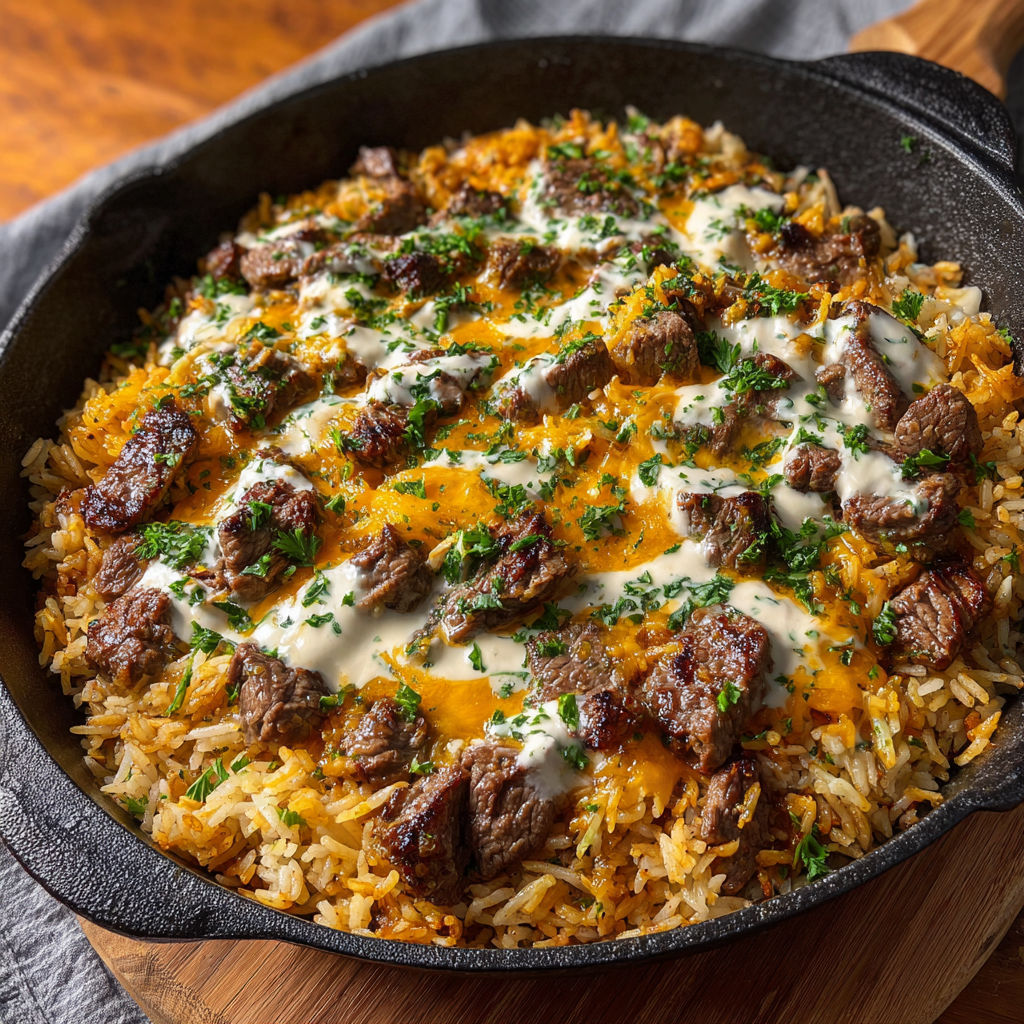 A pan of steak and rice.