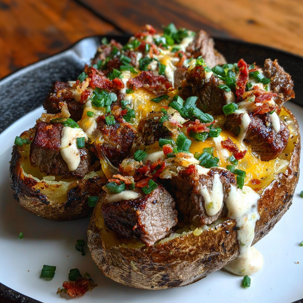 A loaded baked potato with cheese and bacon.
