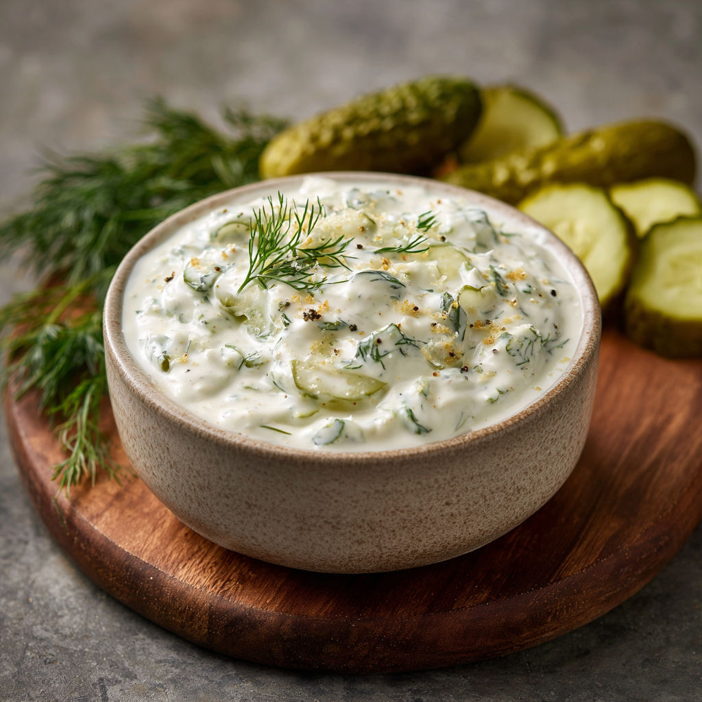 A bowl of creamy dip with pickles on the side.