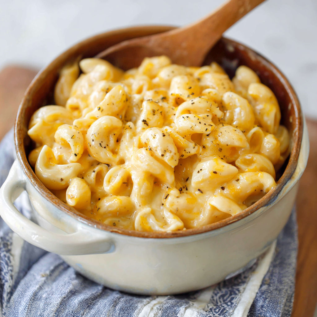 A bowl of macaroni and cheese.
