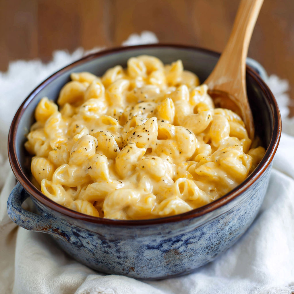 A bowl of macaroni and cheese.