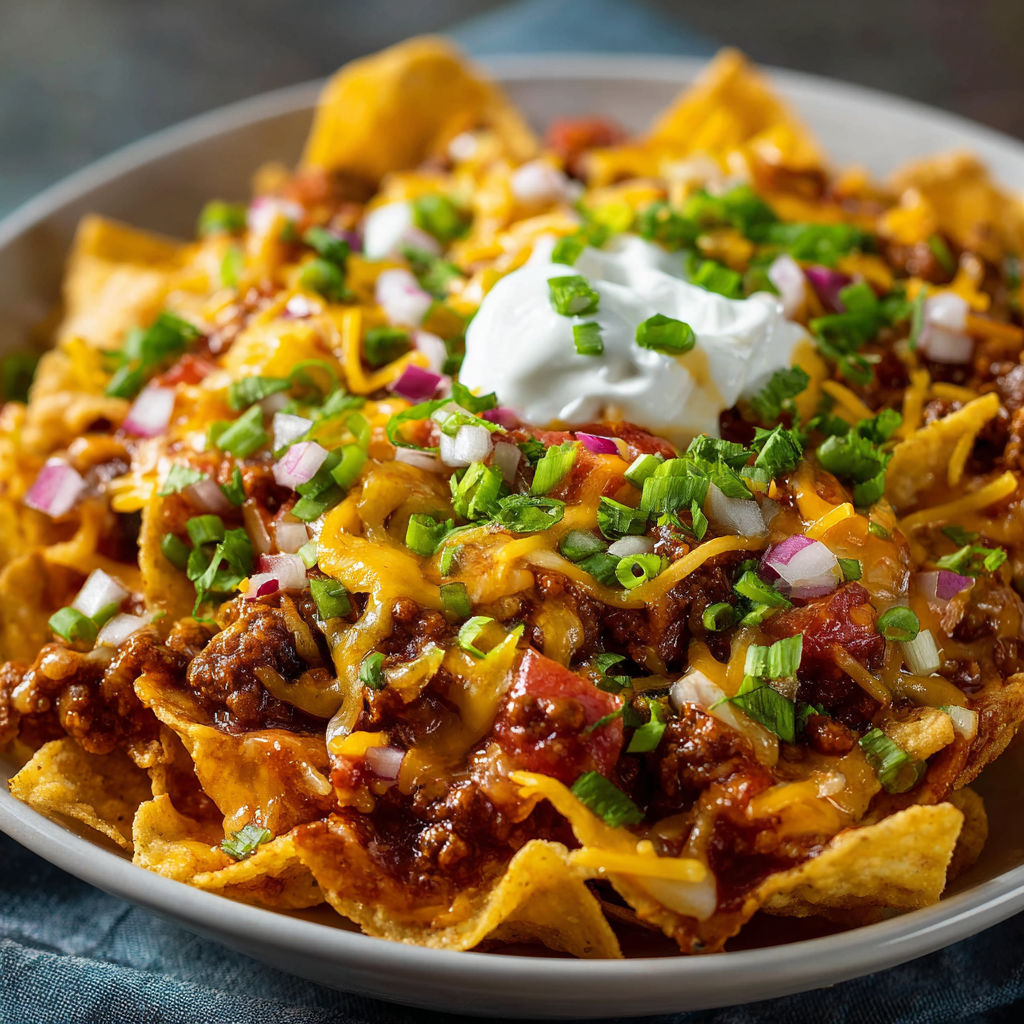 A plate of Frito chips with cheese and onions.