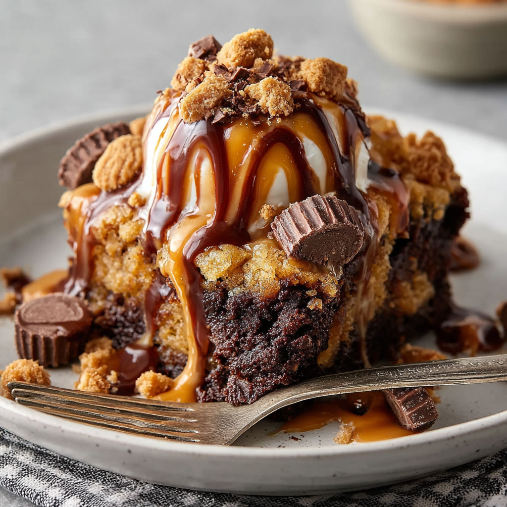 A chocolate dessert with peanut butter and caramel sauce.