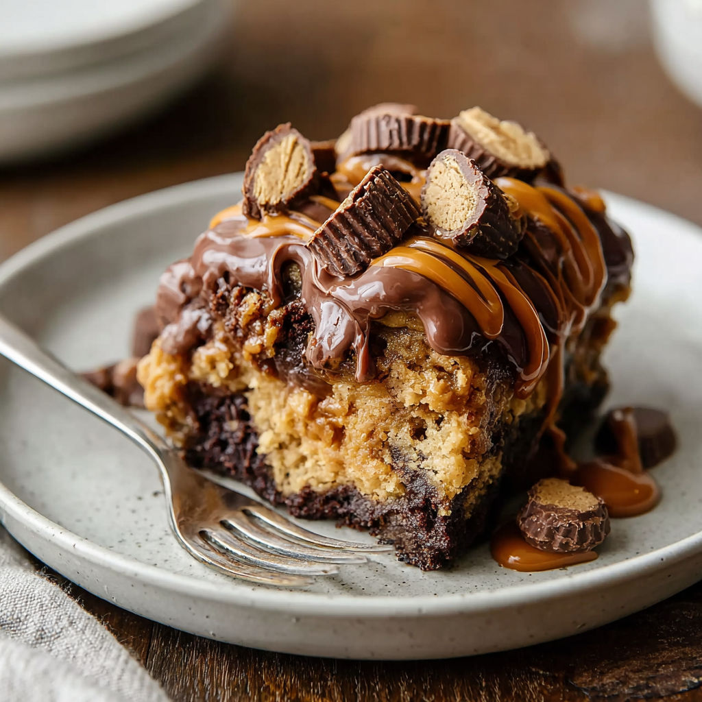A slice of chocolate cake with peanut butter and chocolate drizzle.