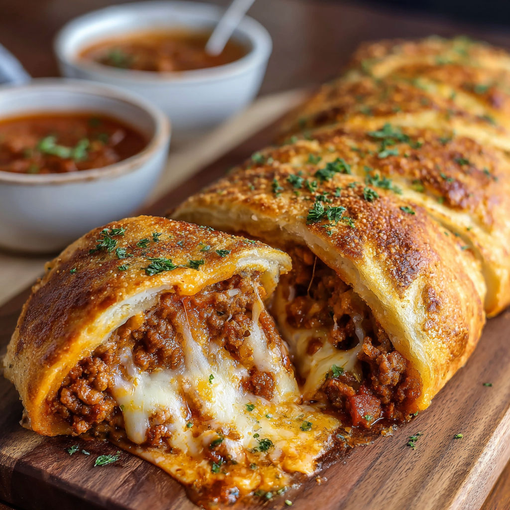 A cheesy sandwich on a wooden board.