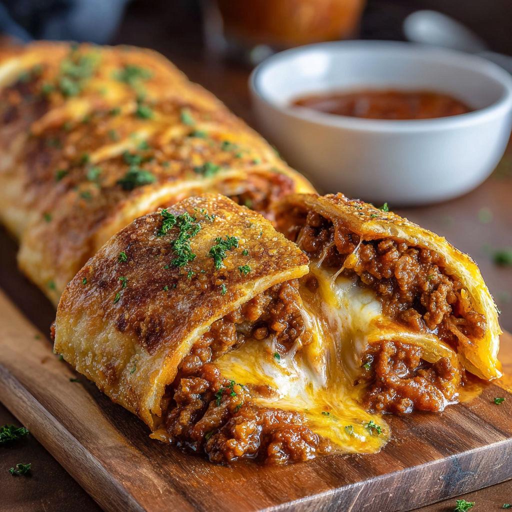 A cheesy burrito on a wooden table.