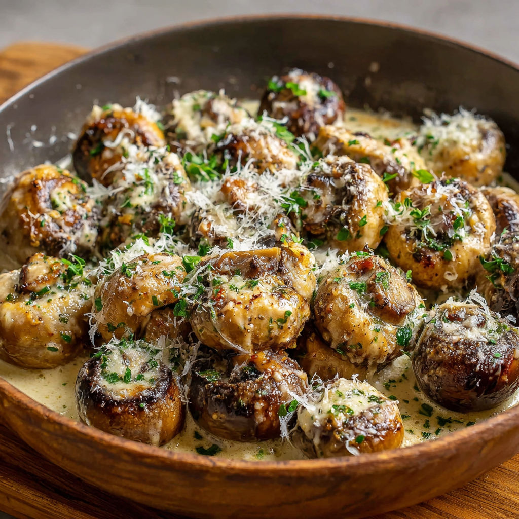 A bowl of mushrooms with cheese and herbs.