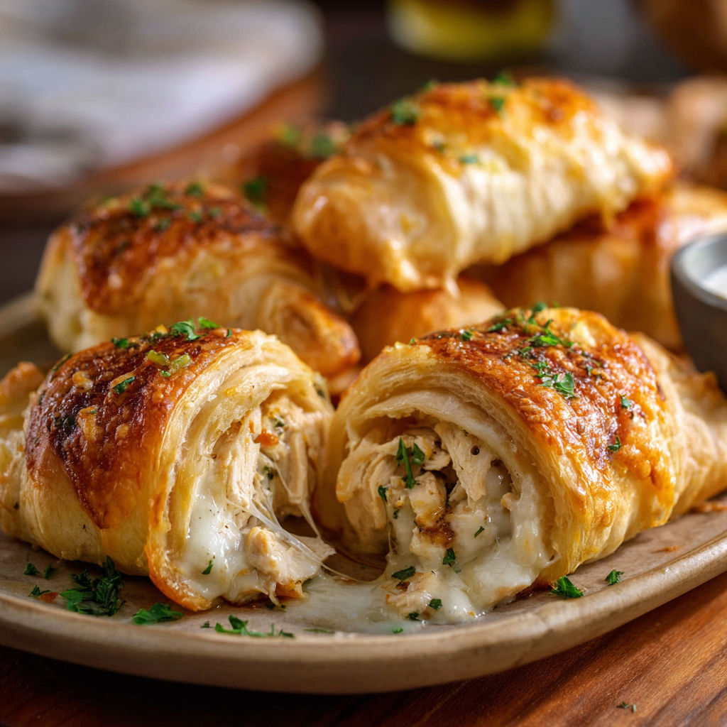 A plate of chicken and cheese wrapped in pastry.