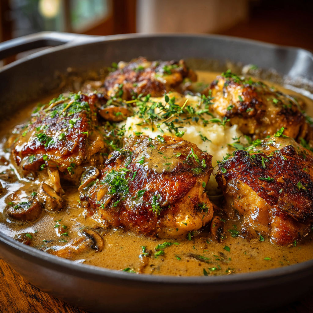 A dish of smothered chicken.