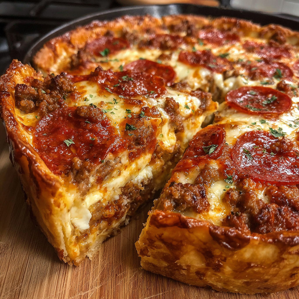 A slice of deep dish pizza.