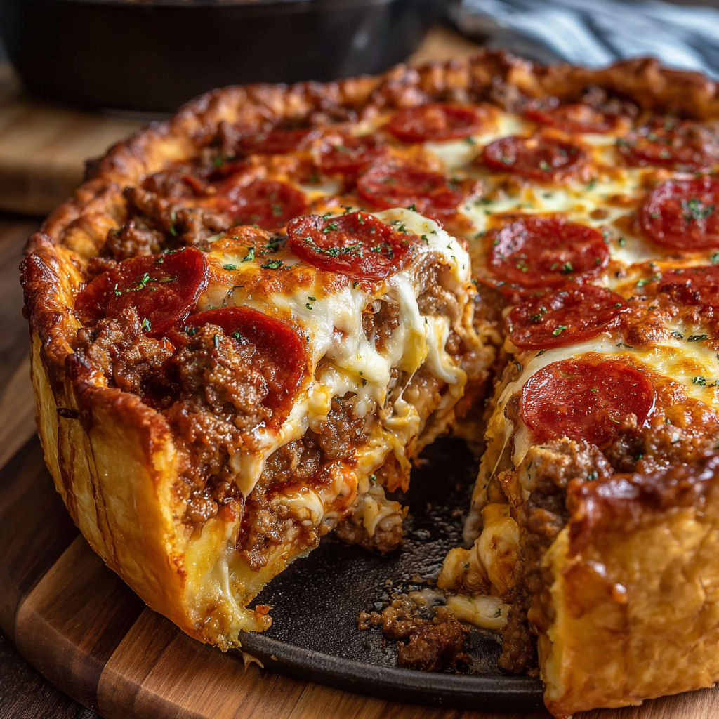 A slice of deep dish pizza.