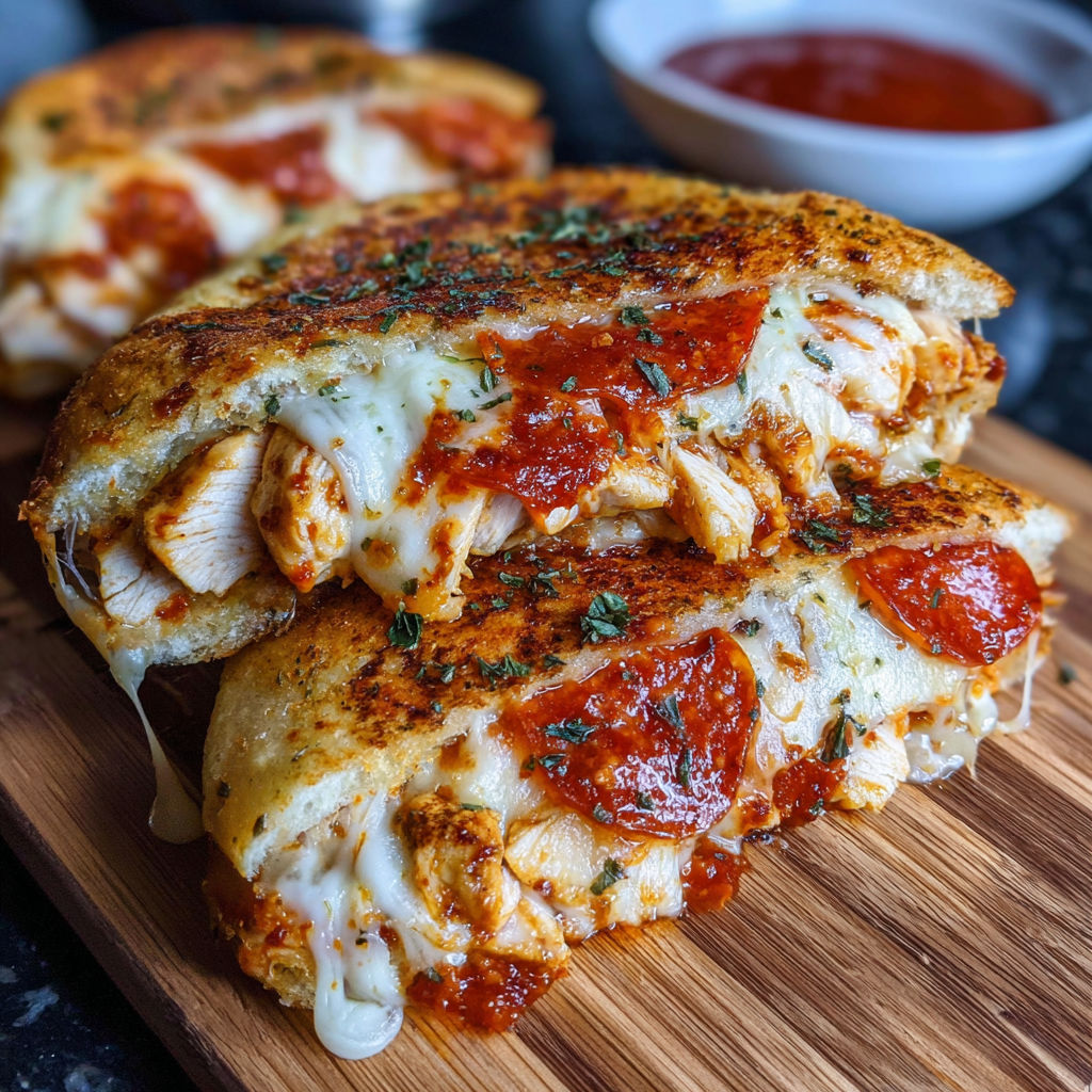 Two pieces of chicken with pepperoni on a wooden cutting board.