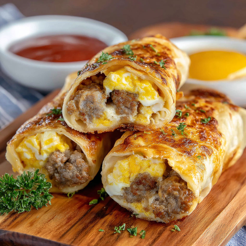A plate of sausage and egg rolls.