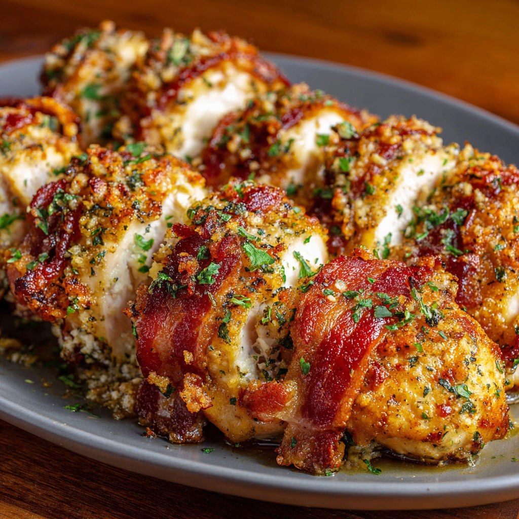 Bacon wrapped chicken with herbs.