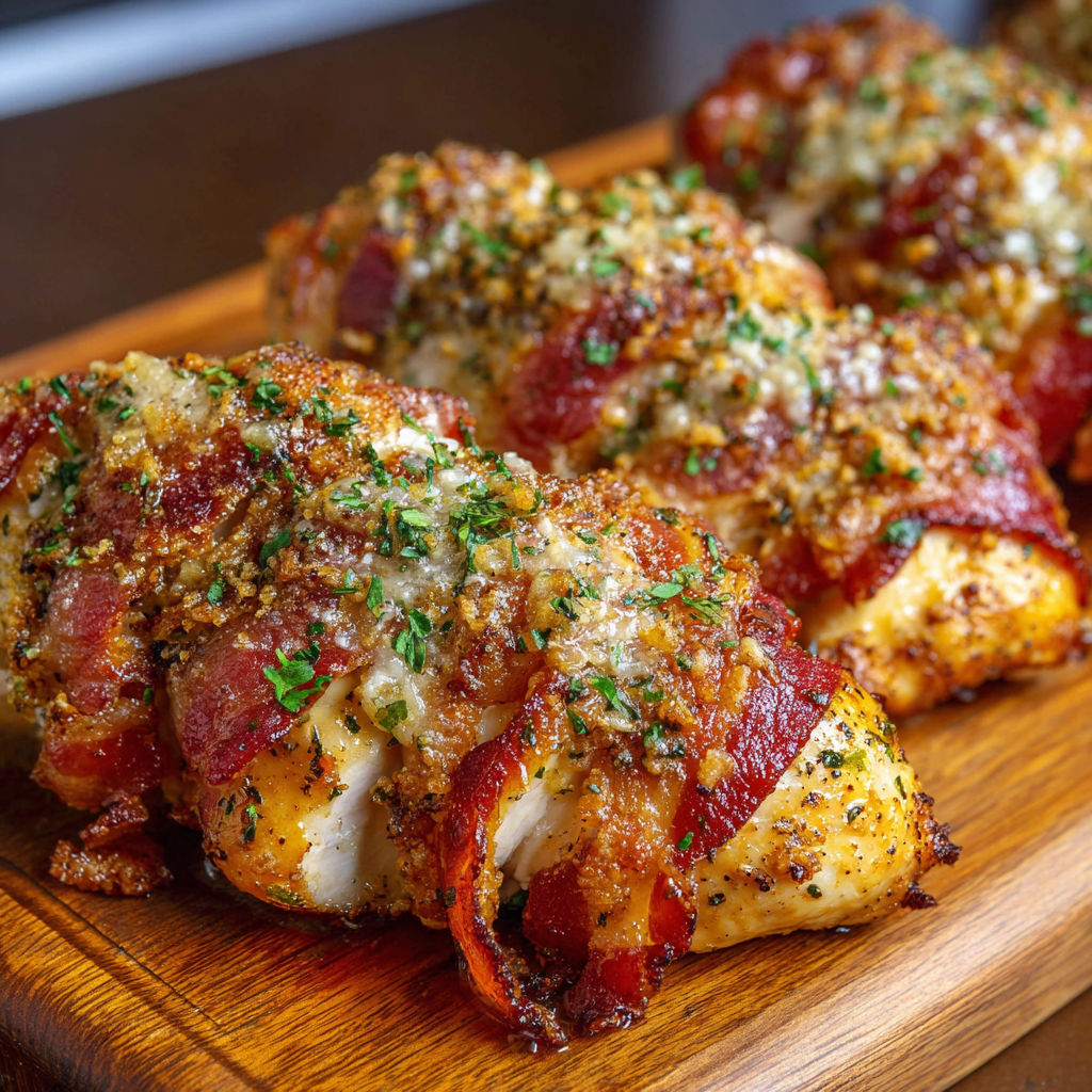 Bacon wrapped chicken on a wooden platter.