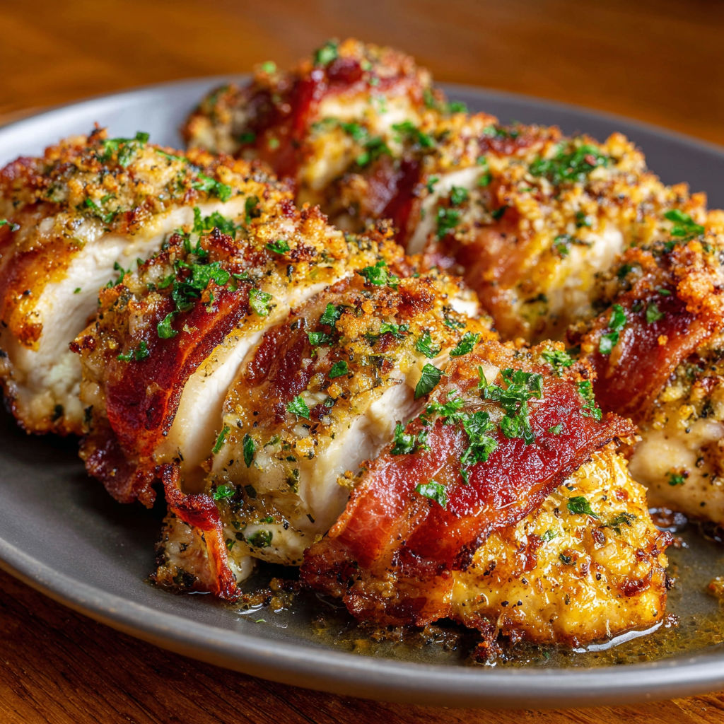 Bacon wrapped chicken on a plate.