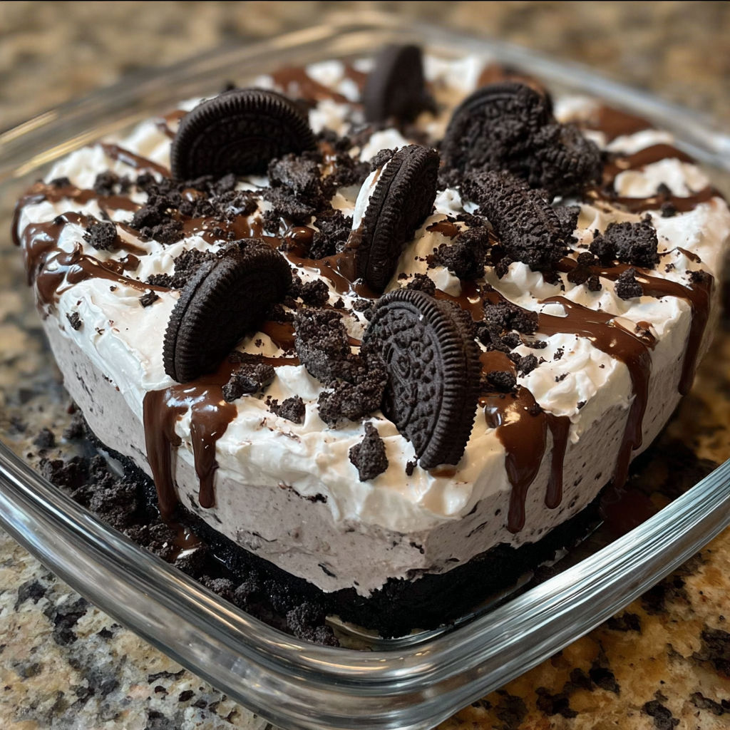 A close up of a chocolate and white Oreo dessert.