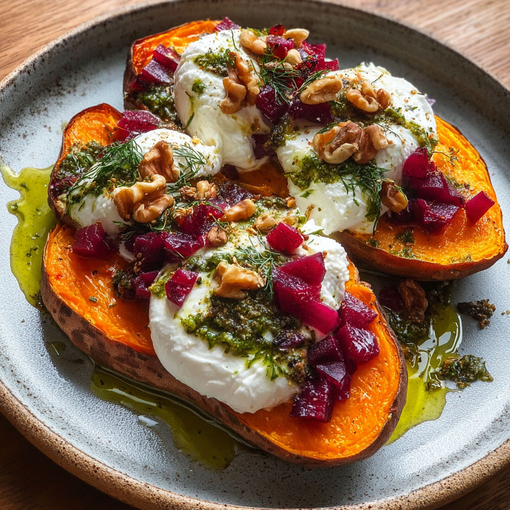 Sweet potatoes with white cheese and nuts.