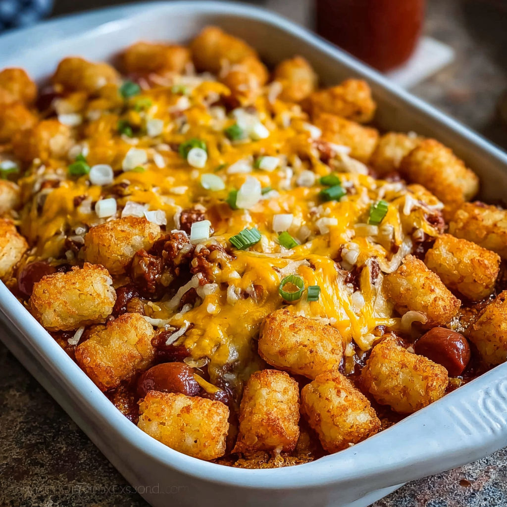 A dish of tater tots with cheese and chili.