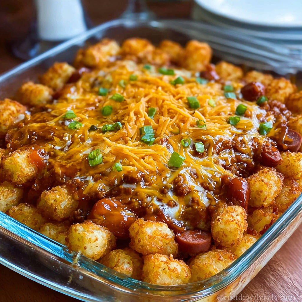 A dish of tater tots with cheese.