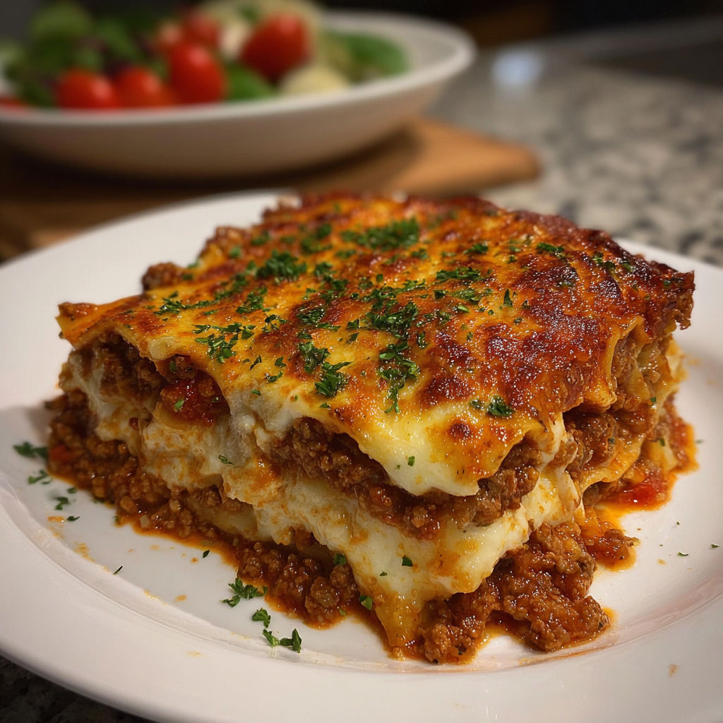 A plate of food with a slice of lasagna on it.