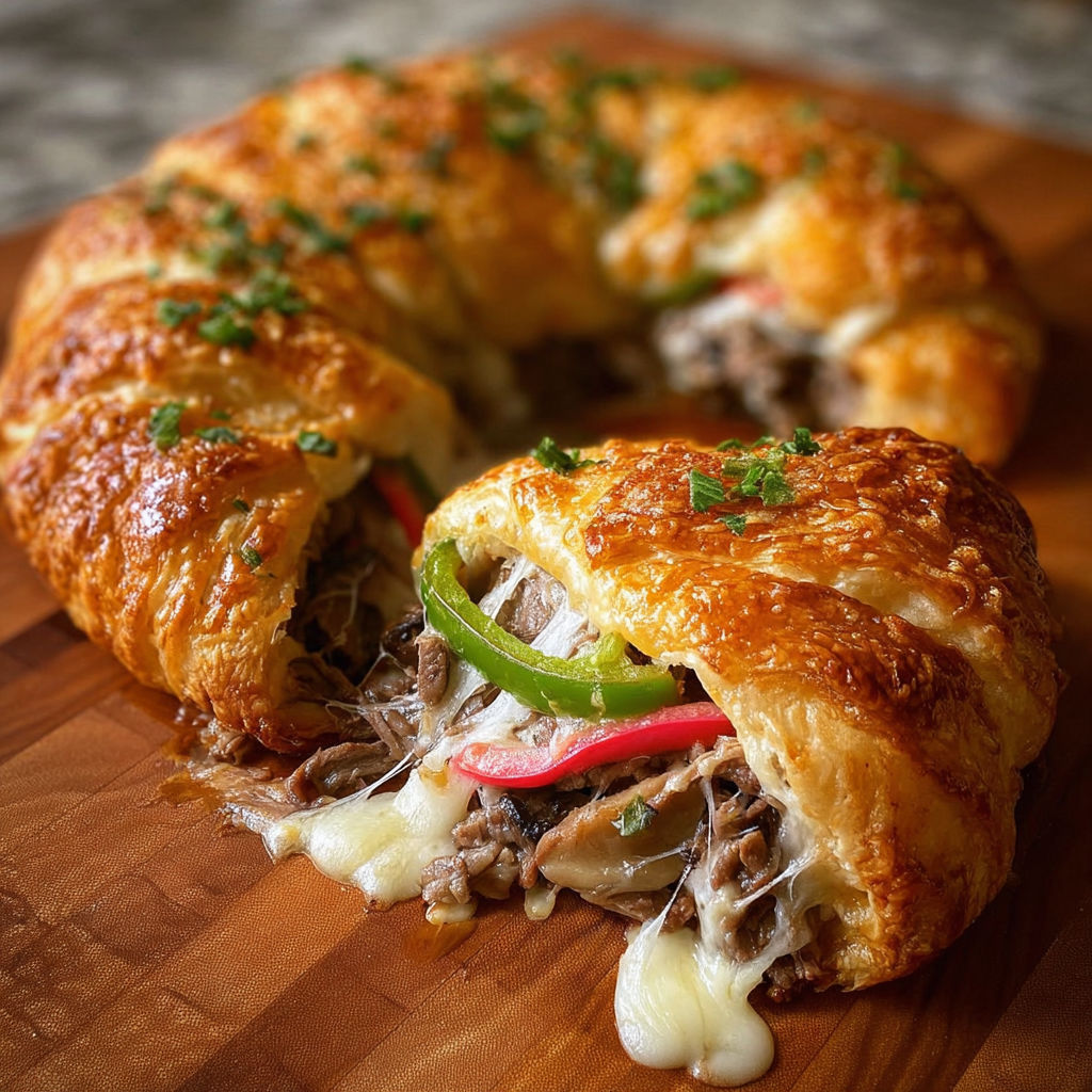 A Philly cheese steak sandwich with peppers and onions.