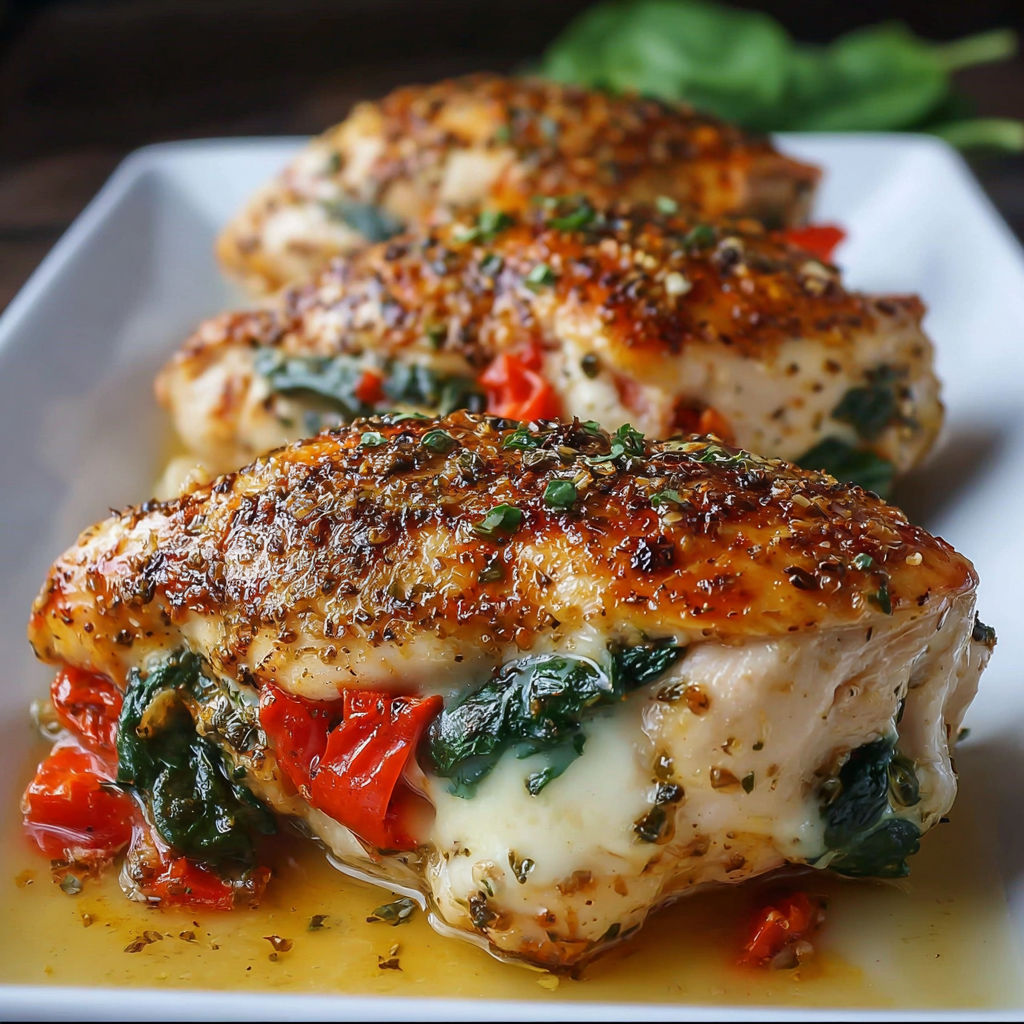 Stuffed chicken with greens and tomatoes.