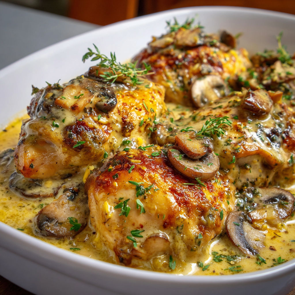 A bowl of chicken covered in a creamy sauce.