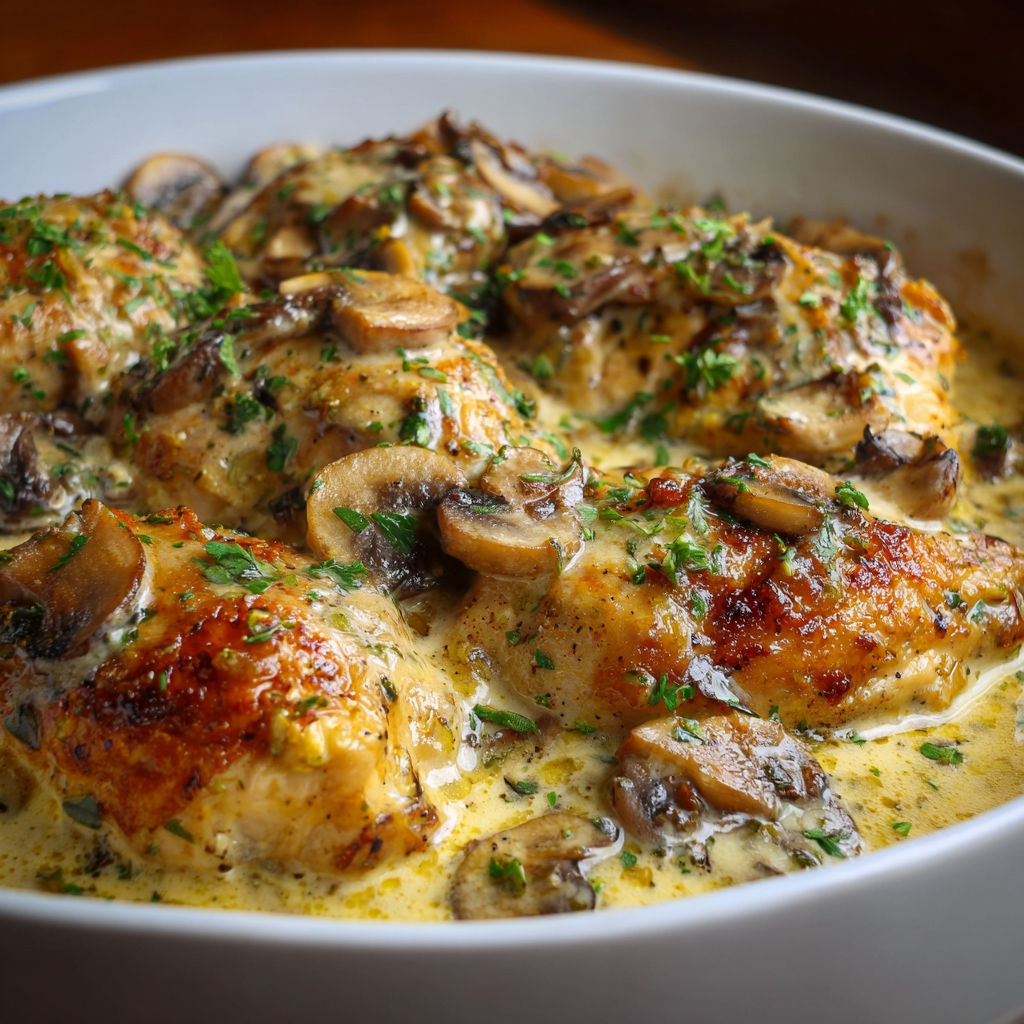 A bowl of chicken with mushrooms and herbs.