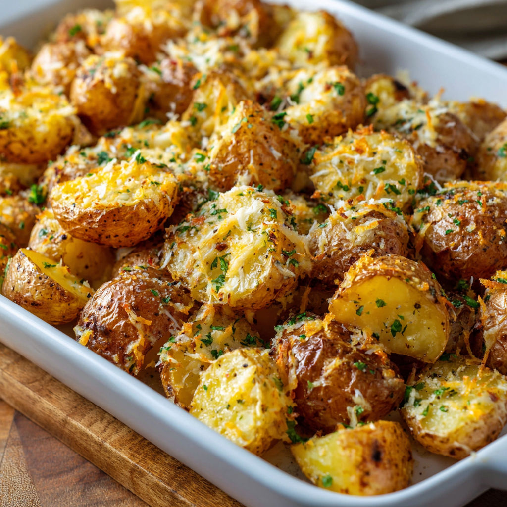 A dish of cheesy potatoes.