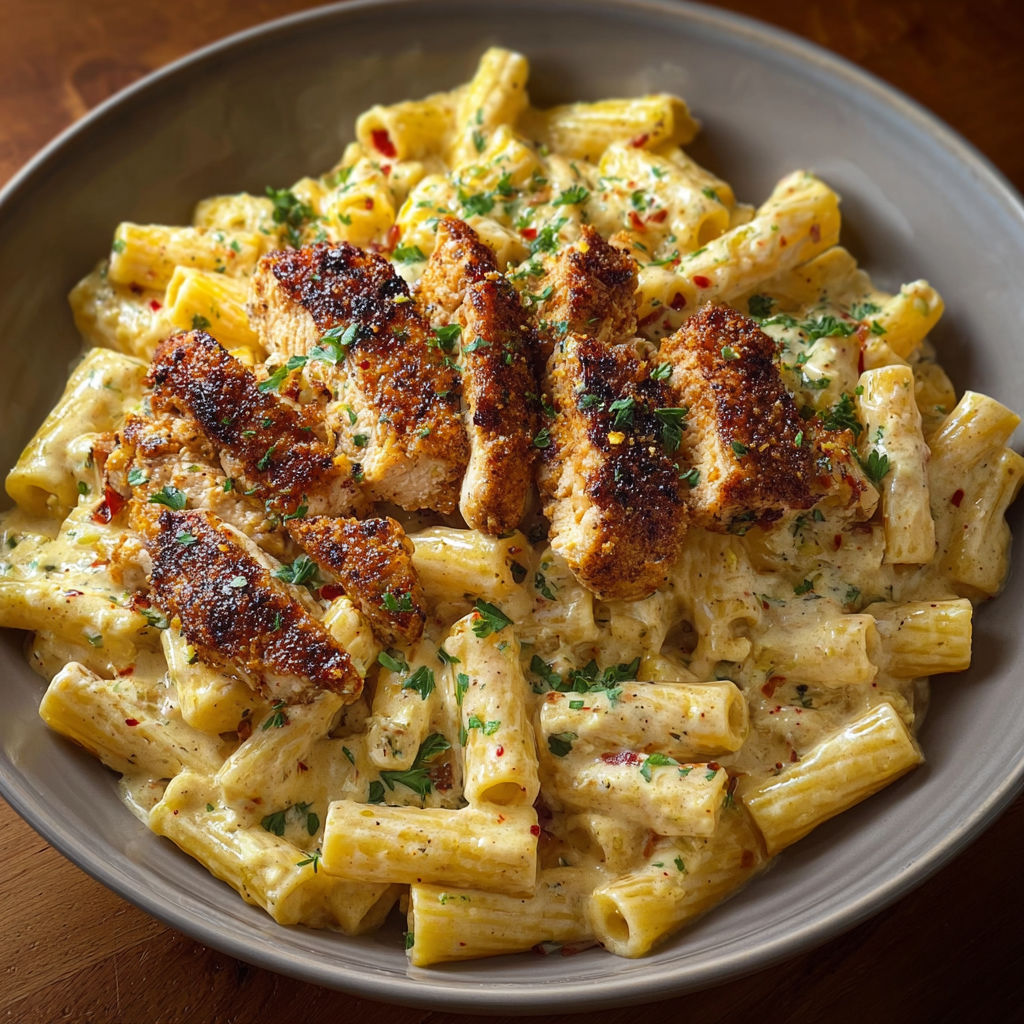 A bowl of creamy pasta with chicken.