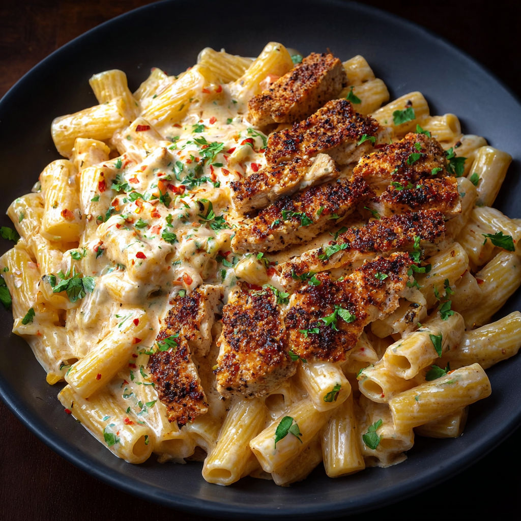A bowl of pasta with chicken and cream sauce.