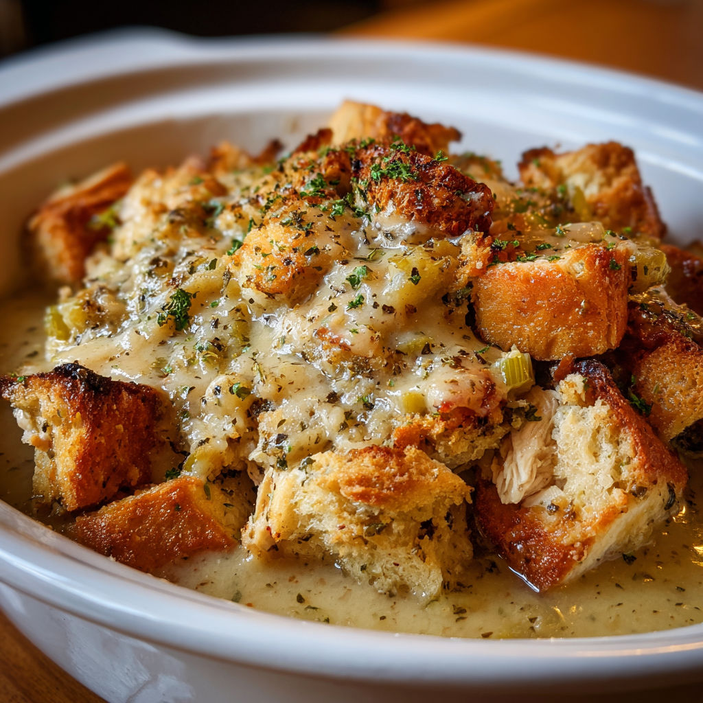 A bowl of food with bread and cheese.