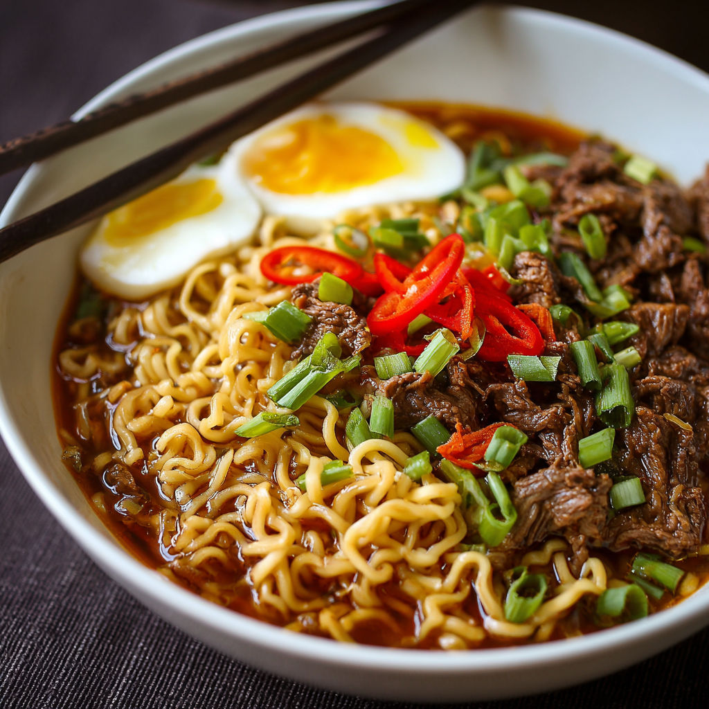 A bowl of noodles with meat and vegetables.