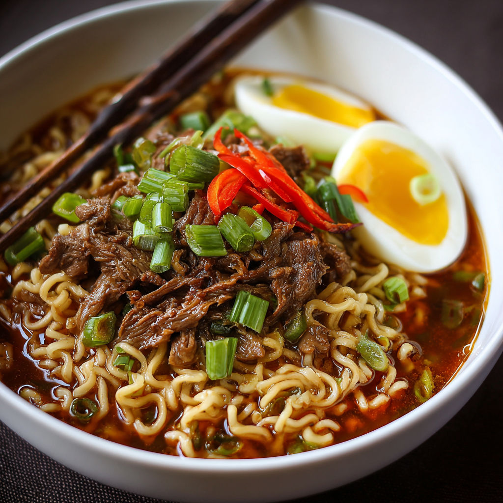 A bowl of noodles with meat and vegetables.