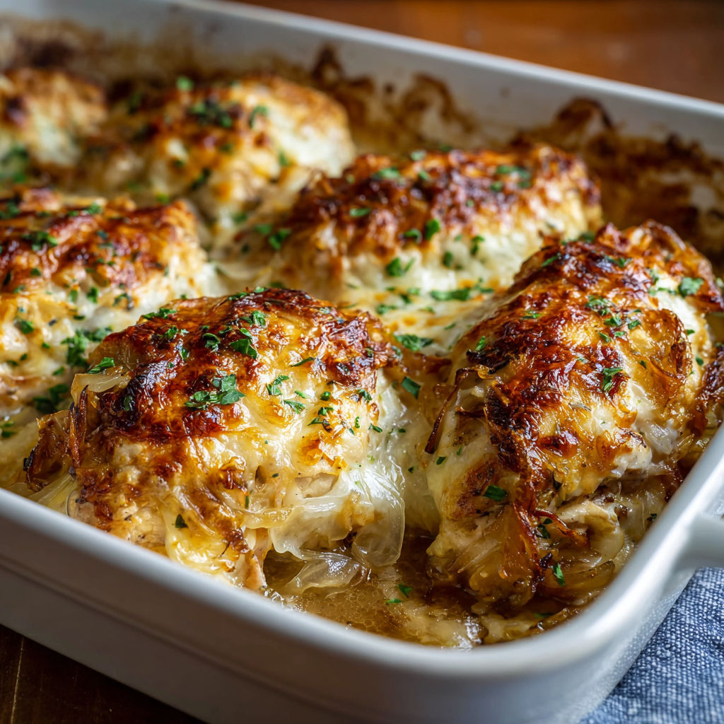 A white dish filled with French chicken.