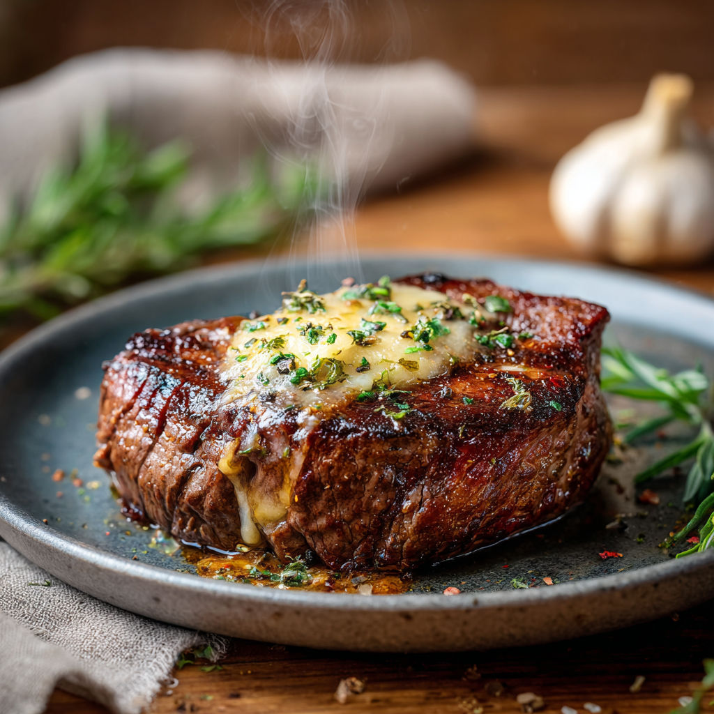 Air Frye steak with cheese and herbs.