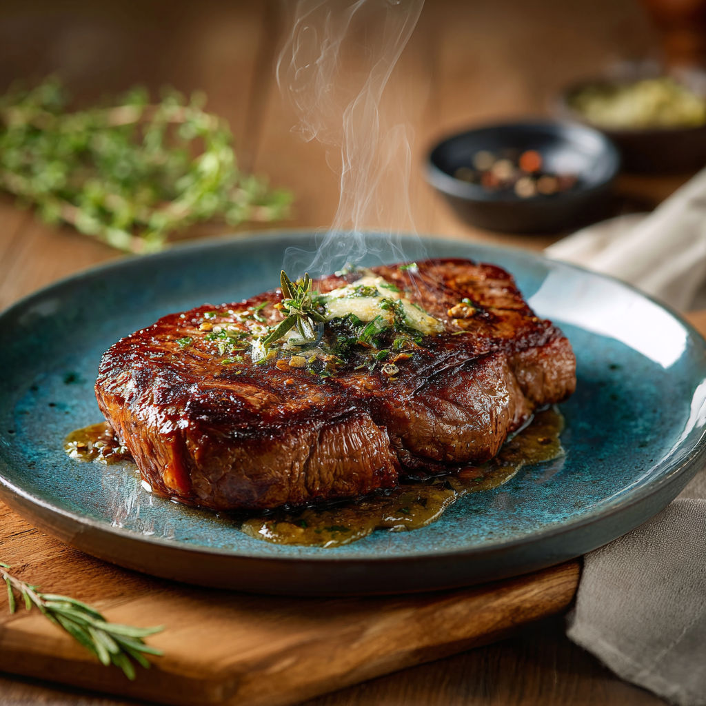 A steak with a blue plate and smoke coming out of it.