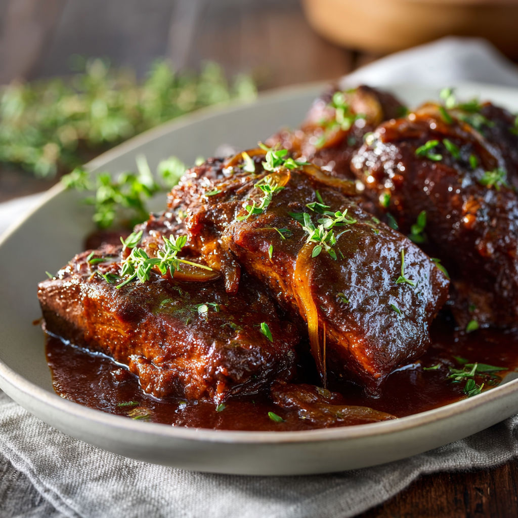 A plate of meat with onions and herbs.