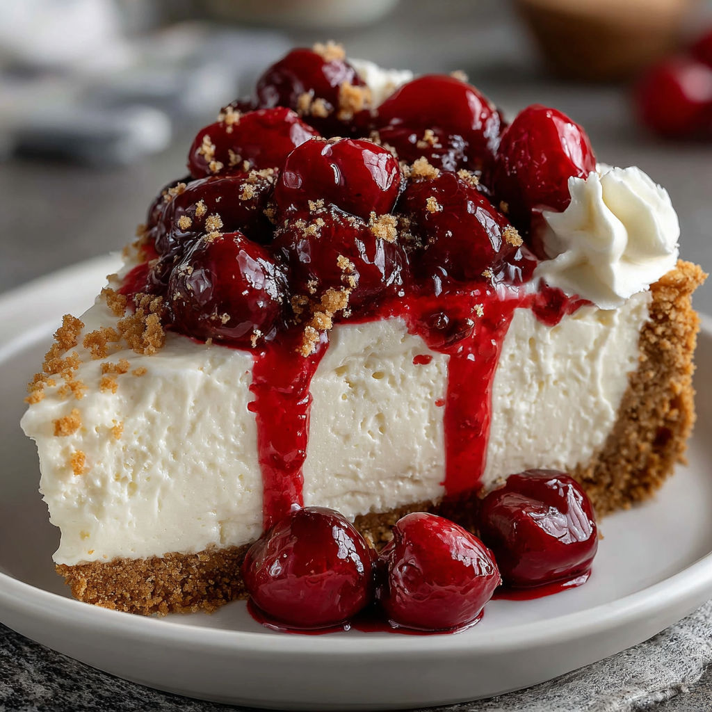 A slice of no-bake cheesecake with cherries on top.