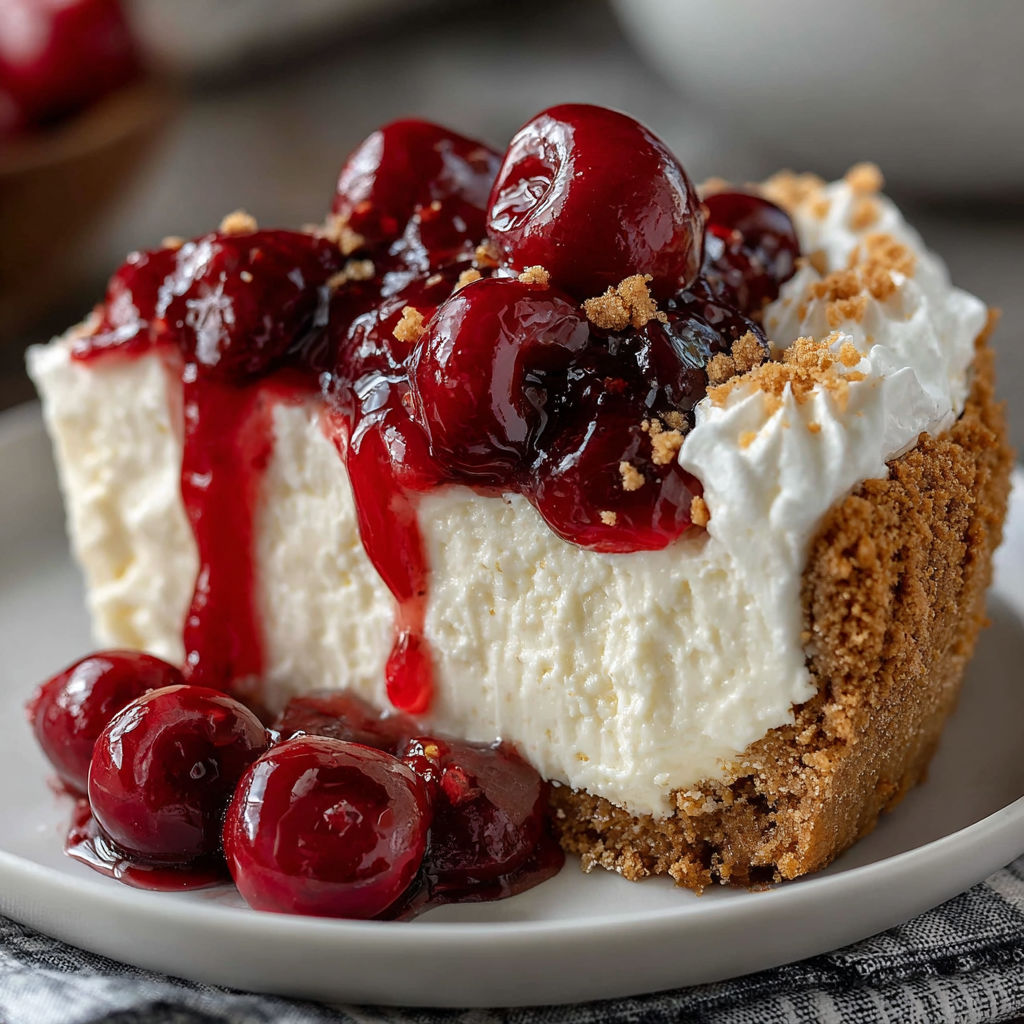 A slice of no-bake cheesecake with cherries on top.