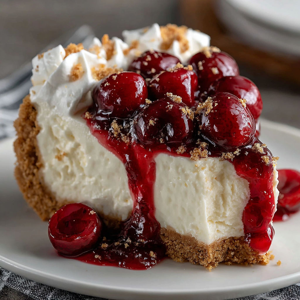 A slice of no-bake cheesecake with cherries.