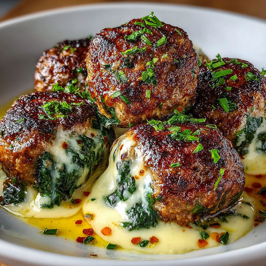 A plate of meatballs with spinach on top.