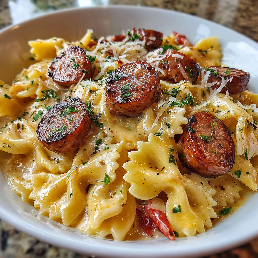A bowl of pasta with sausage and cheese.