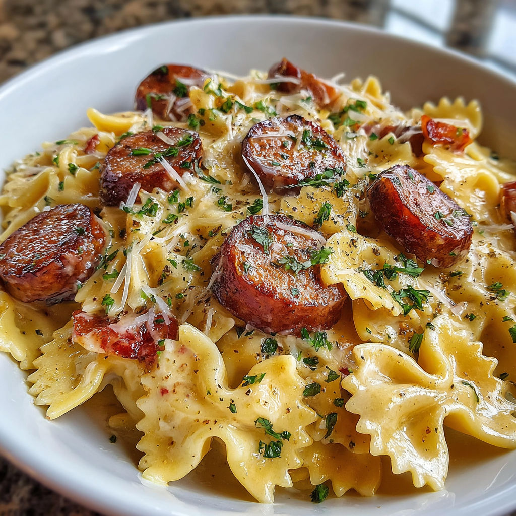 A bowl of pasta with sausage and cheese.