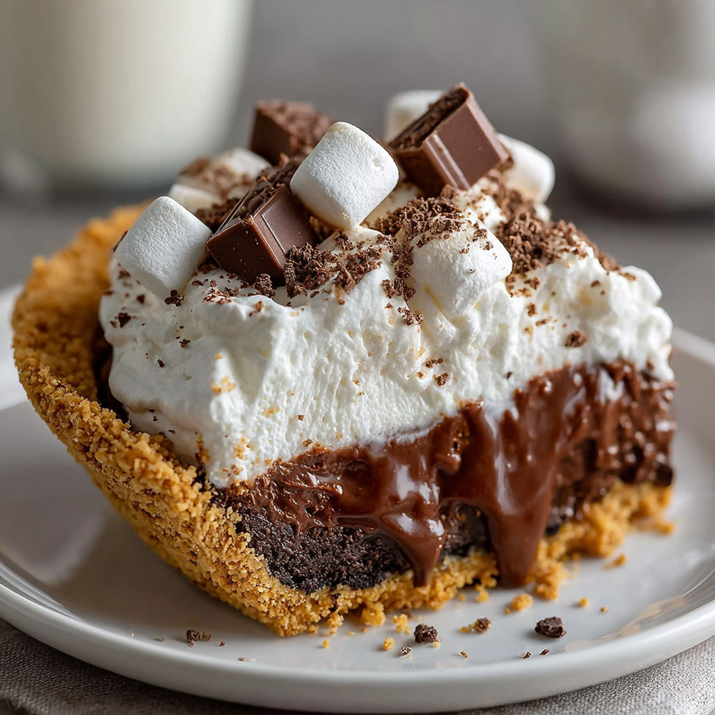 A slice of chocolate cake with marshmallows on top.