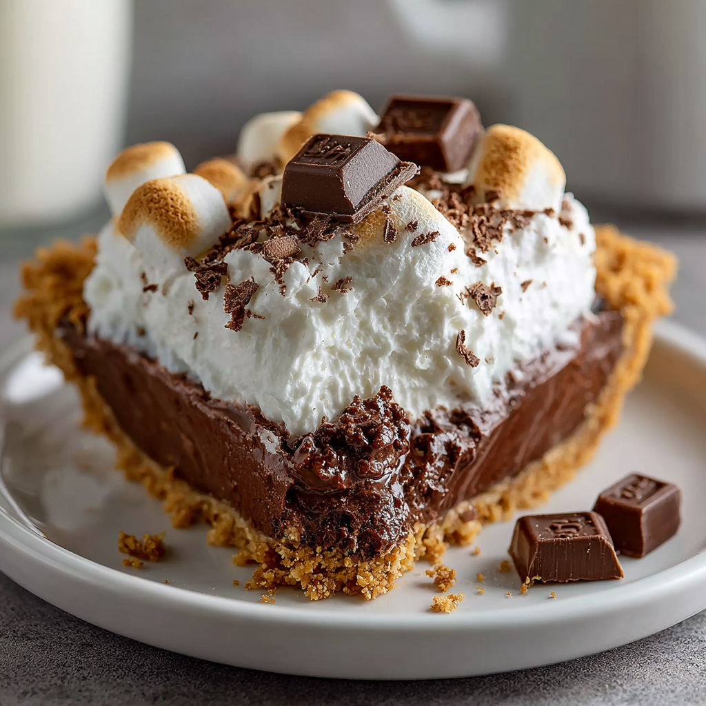 A slice of chocolate cake with marshmallows on top.