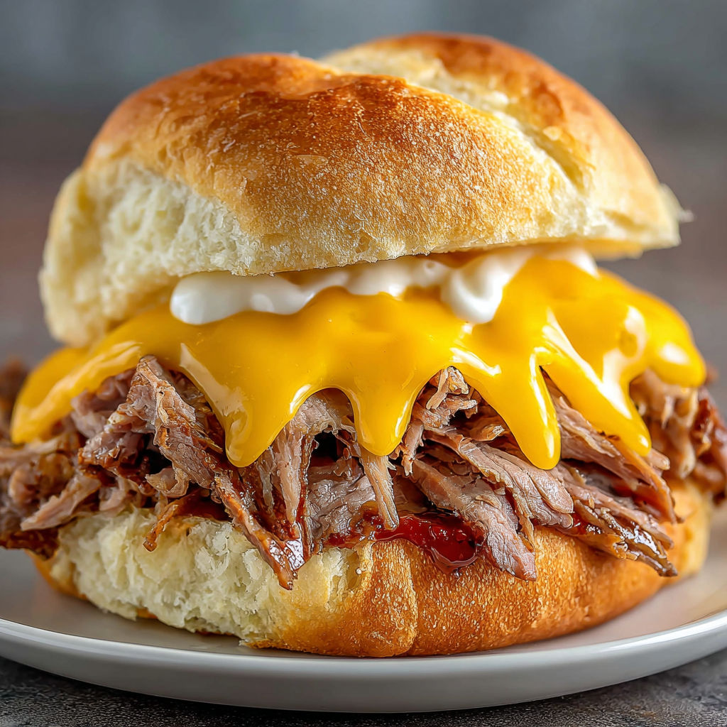 A sandwich with meat and cheese on a bun.