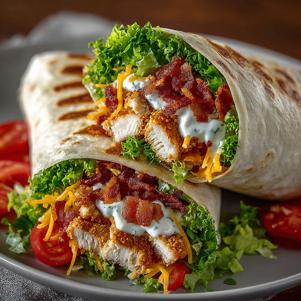 A chicken wrap with lettuce and cheese.